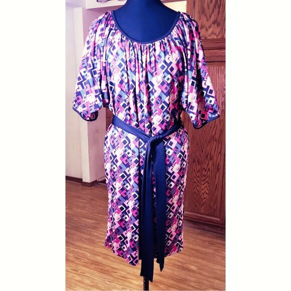 Jonathan Martin Womens Shift Belted Dress M Dolman Sleeves Geometric Print Mom - Picture 1 of 13